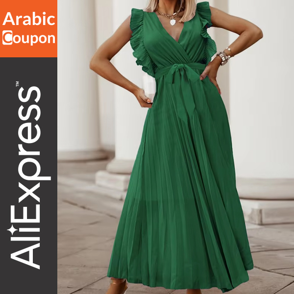 Green Chiffon Maxi Pleated Dress